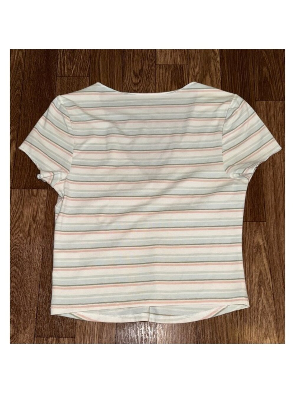 Womens Small Striped Ruched V-Neck Short Sleeve Baby Tee White - Picture 2 of 2